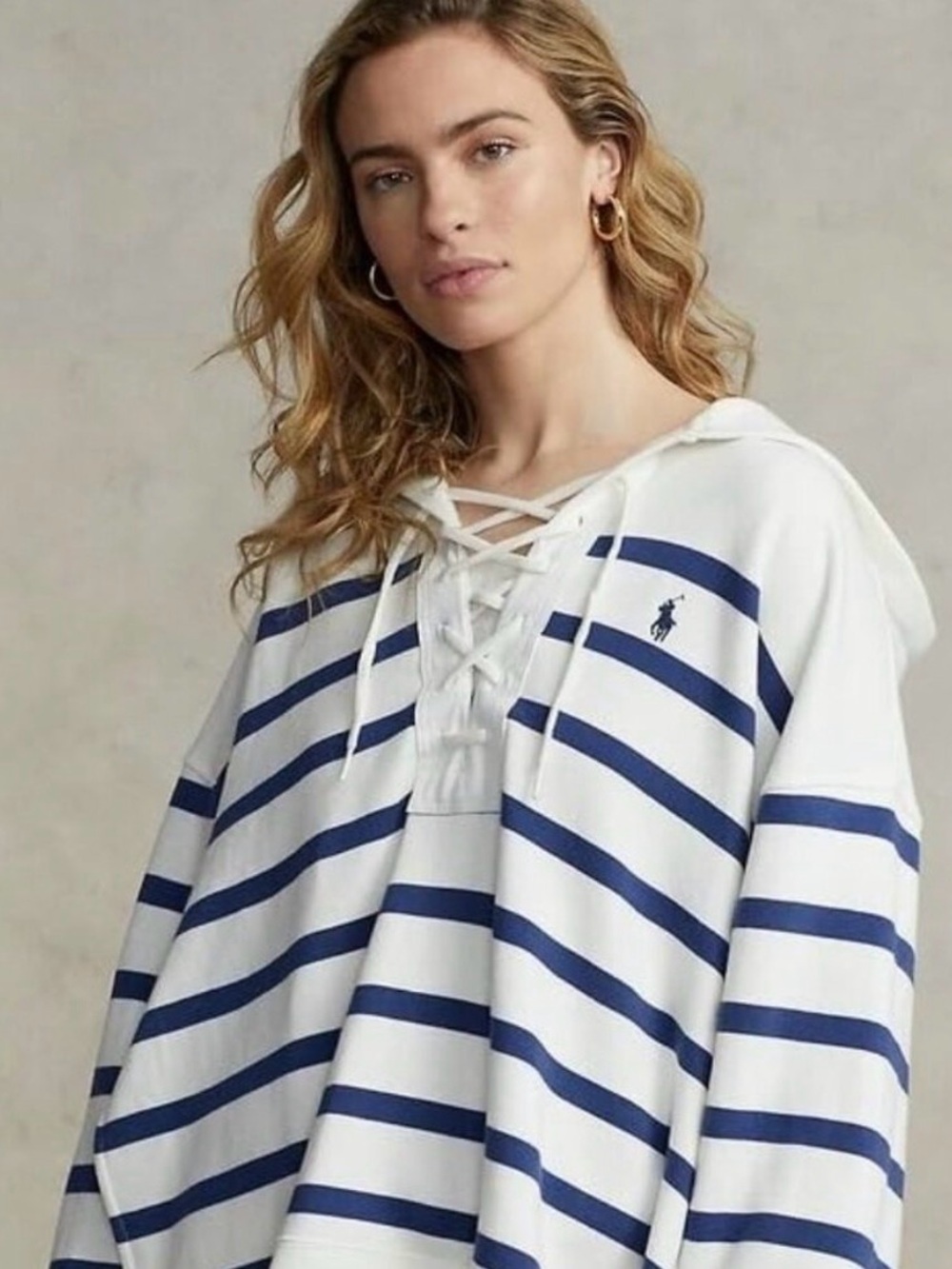 Ralph Lauren White and Navy Lace-Up Striped Hoodie size M/L